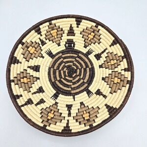 Handwoven Coiled Basket Bowl Geometric Turtle Brown Cream Southwest Style 9.75"